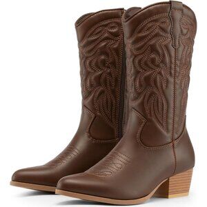 Women's Brown Western Cowgirl Pointed Toe Zipper Mid Calf Horse Riding Boots